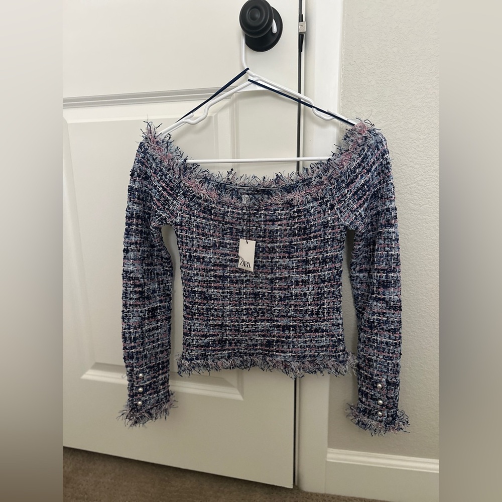 Zara Women's Multicolor Tweed Off-Shoulder Sweater